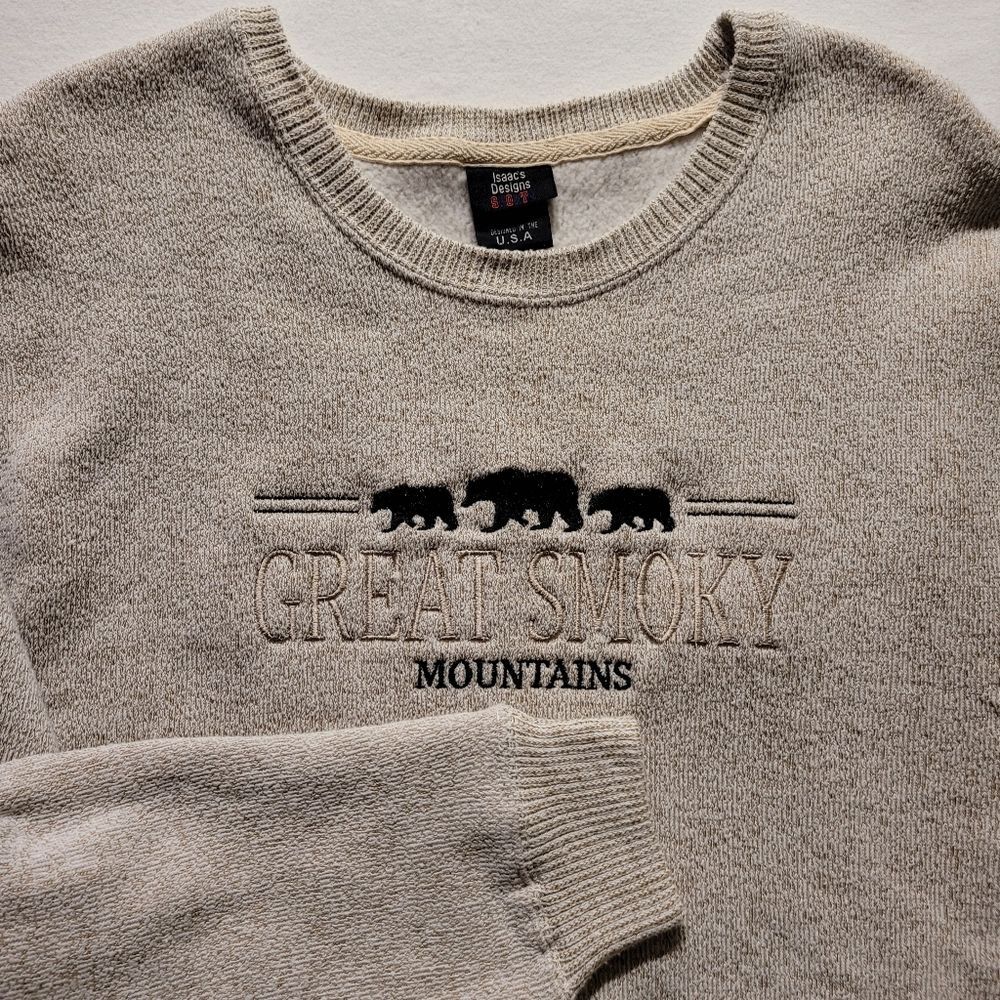 Great Smokey Mountains Sweater Tight Knit 2-Toned Mens Large Embroidered Bears